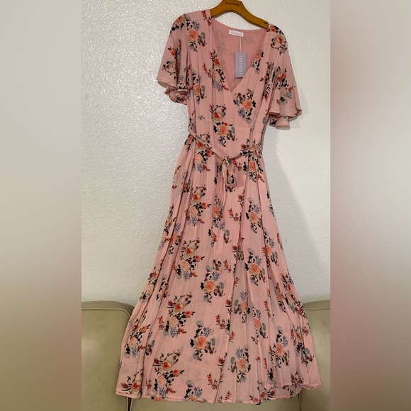 Azalosie Pink Peach Floral Shor Dress  SIZE M 
Sleeve Wrap High Low Maxi - Picture 9 of 10